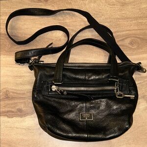 Fossil Black Leather Satchel/Crossbody with Silver Accents